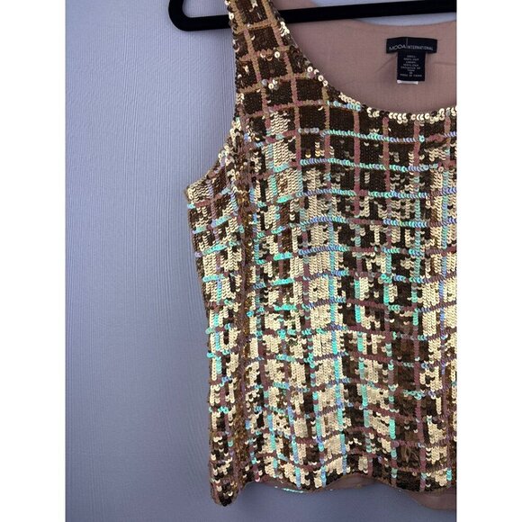 Moda International Sequin Top & Skirt Set S/4 Gold & Bronze 100% Silk Made In Ch - Picture 5 of 8